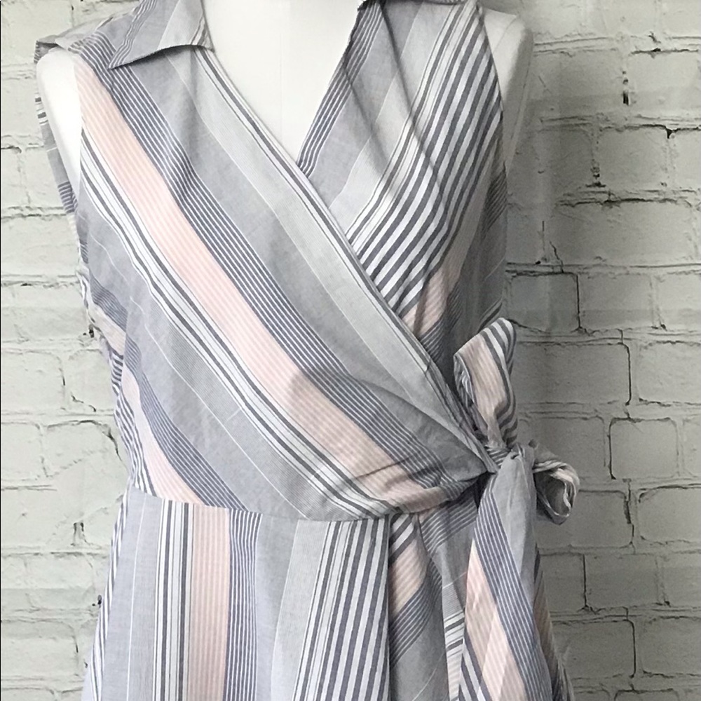 Calvin Klein Sleeveless Striped Wrap Maxi Dress in White and Light Blue - Picture 4 of 13